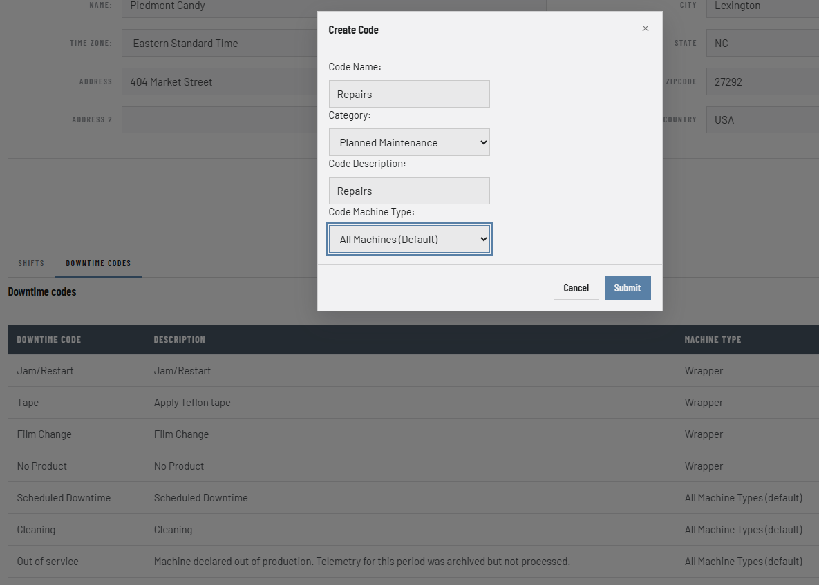 The Create Code dialog over the downtime-codes table: a code's name, its category (here Planned Maintenance), a description and its machine-type scope (All Machines). The table behind lists Jam/Restart, Tape, Film Change and No Product on the Wrapper type, and Scheduled Downtime, Cleaning and Out of service shared across all machine types.