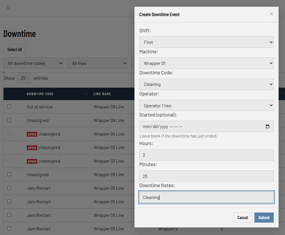 The Create Downtime Event dialog: shift, machine, downtime code, operator, an optional start time, a duration and notes. Behind it the downtime list carries red OPEN badges on events still counting and “Unassigned” rows waiting for a code.