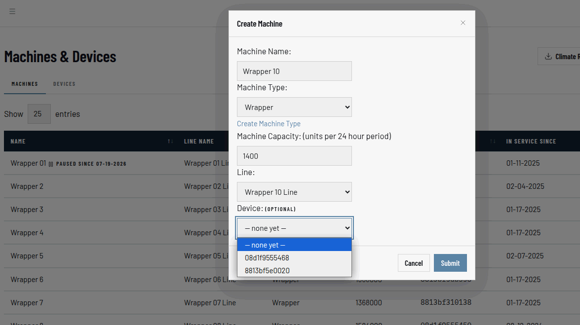 The Create Machine dialog: machine name, machine type, capacity in units per 24-hour period, line, and an optional device to assign — its dropdown open on the unassigned device IDs.